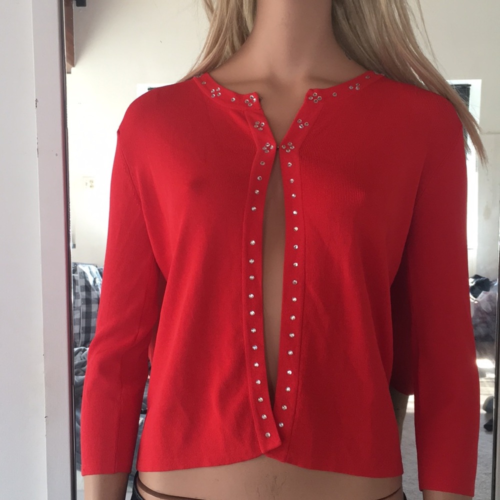 Pretty Red/Orange Cropped LW Open Front Sweater